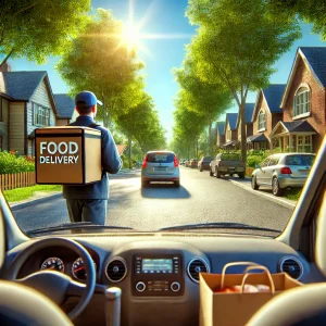 DALL·E 2025-03-11 21.51.10 - An ultra-realistic image of a food delivery driver in a uniform, delivering food in a car along a residential neighborhood street. The car is driving