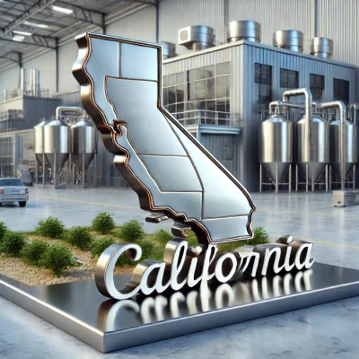 DALL·E 2025-03-19 19.30.31 - An ultra-realistic image of a California state sign featuring the state's geographic limits in a sleek, modern design, with polished metal finish. The