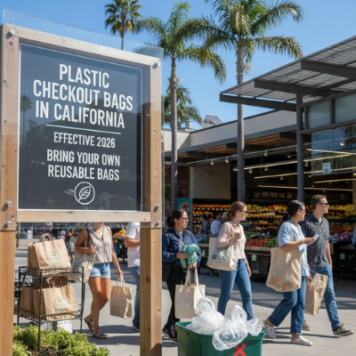 people shopping with reusable bags after plastic bags ban