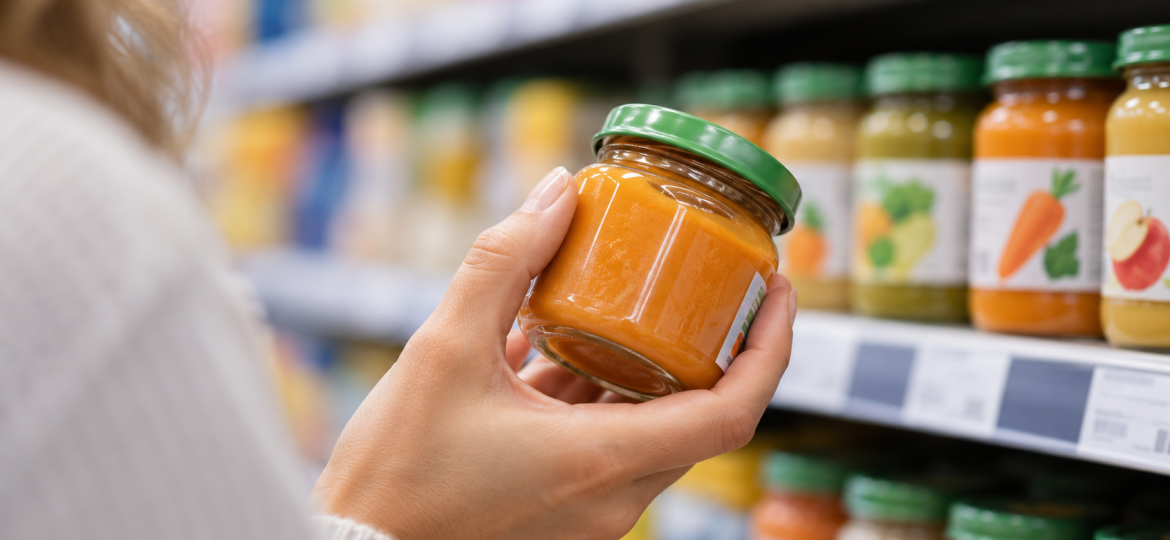 Selecting Baby Food in the Grocery Aisle